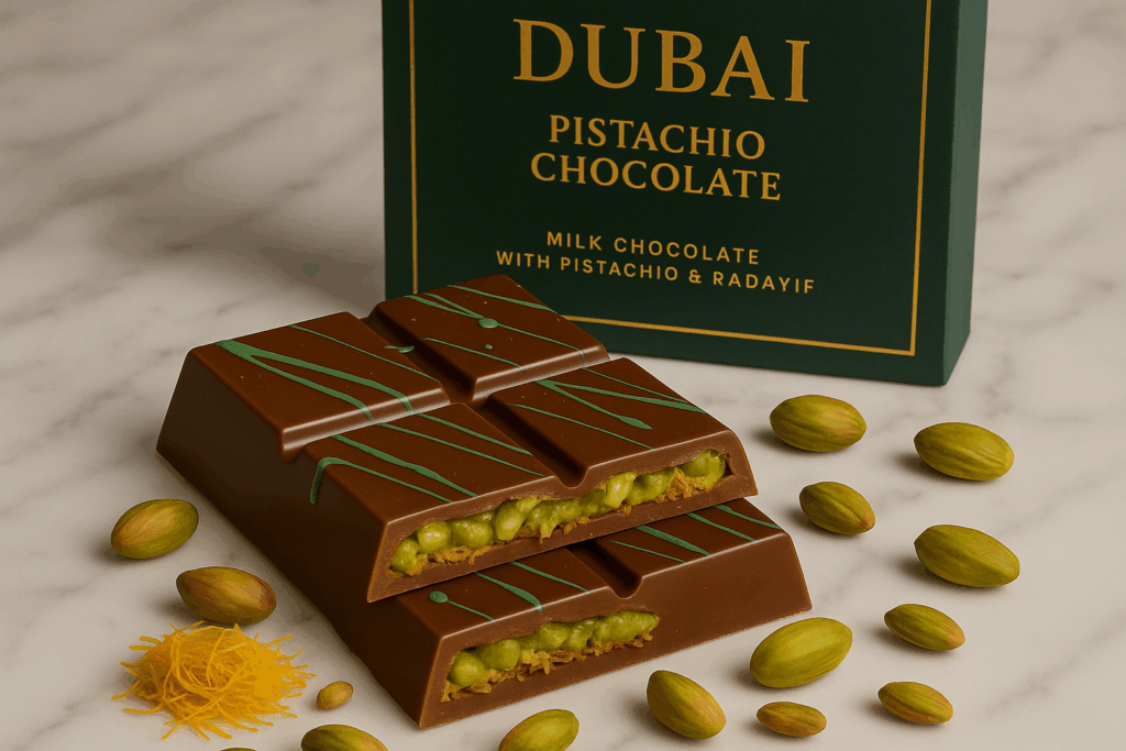 Dubai chocolate bar filled with pistachio cream and kataifi, topped with green drizzle, alongside pistachios.